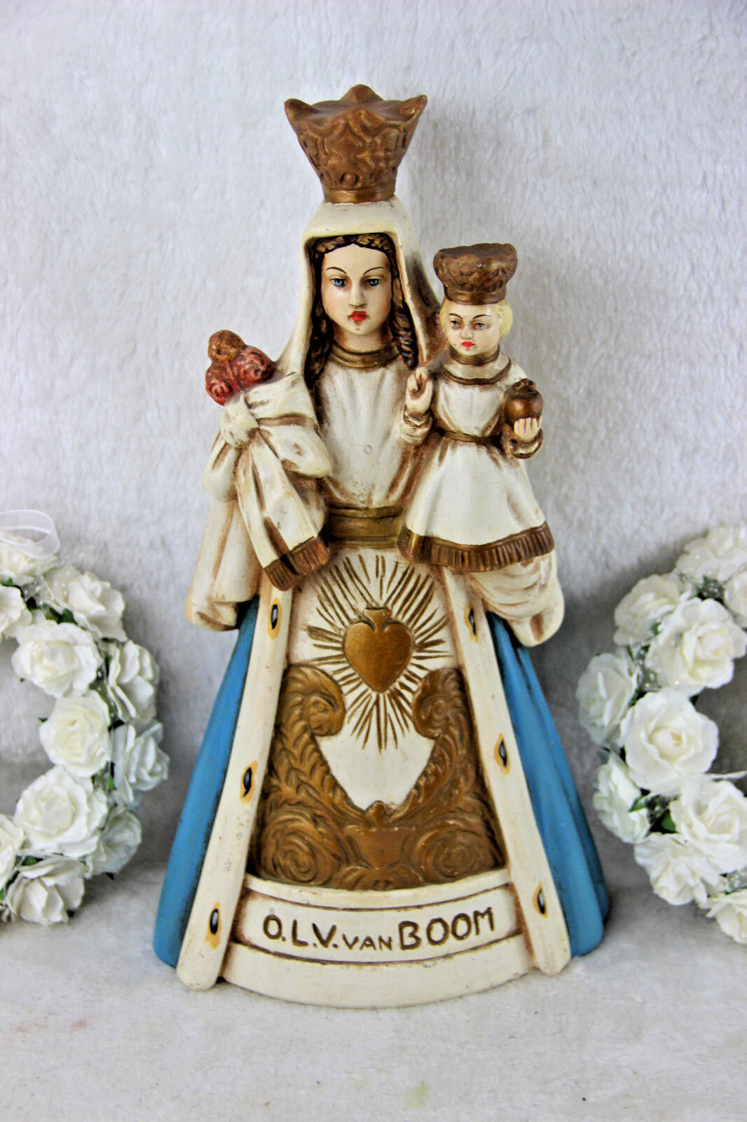 Antique Flemish OLV BOOM Madonna religious statue figurine Chalkware Rare 