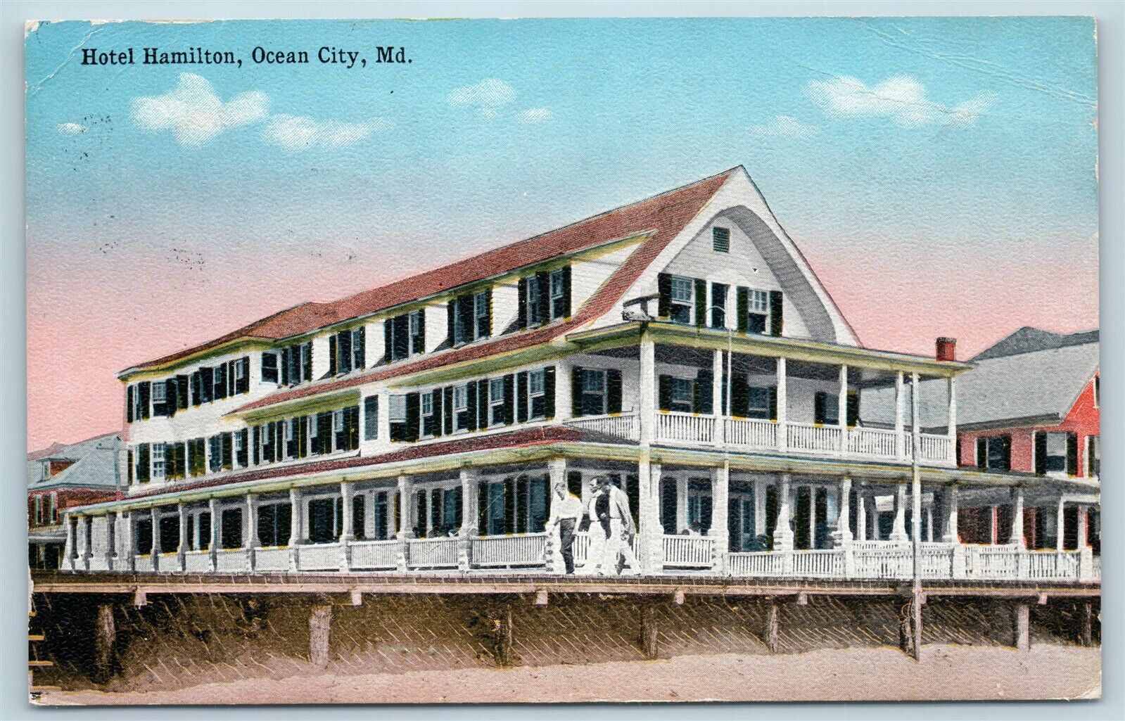 Postcard MD Ocean City Hotel Hamilton and Boardwalk c1915 S7