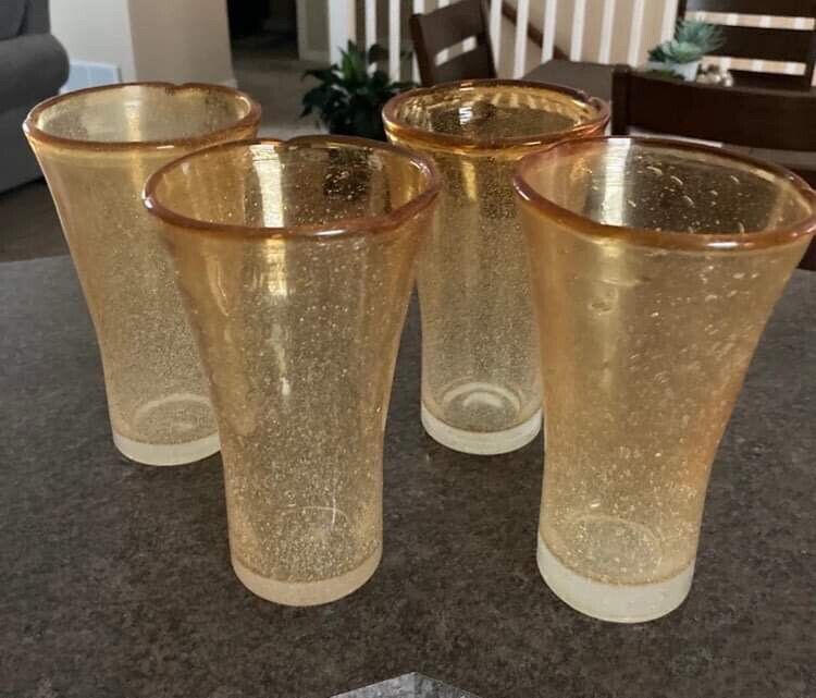 Vintage Amici Hand Blown Amber Bubble Glasses Set Of 4 