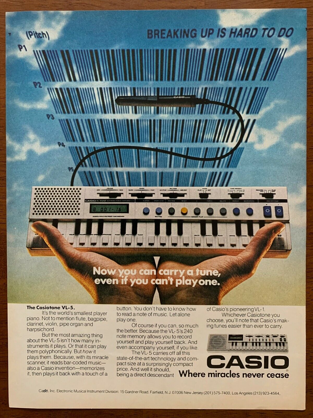 1982 Casio Casiotone VL-5 Player Piano Vintage Print Ad/Poster Music Tech Décor 
