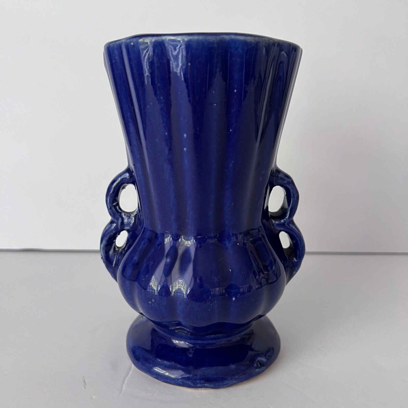 Vintage McCoy Vase Cobalt Blue Double Handled Urn Footed 6.5