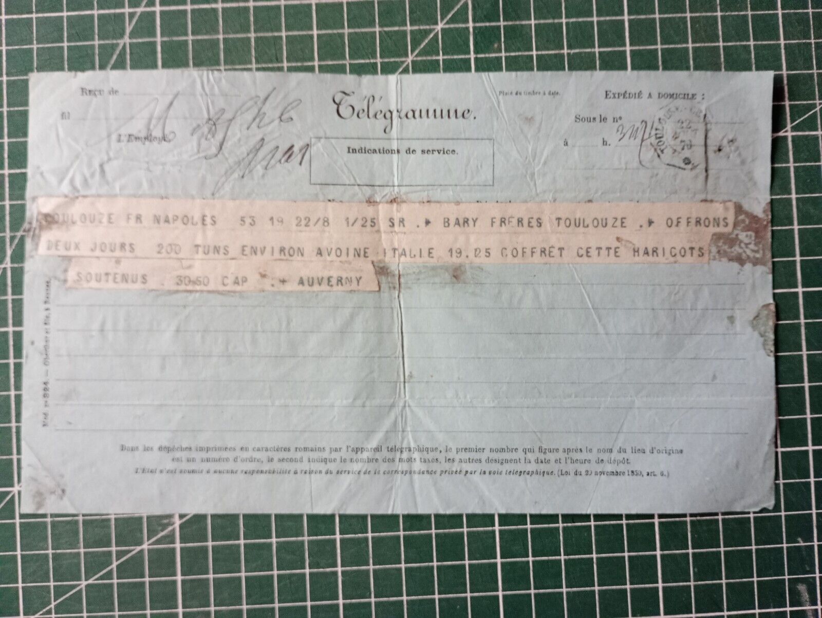 AZ073 telegram circa 1876 Bary commerce Toulouse Naples - Mr Auverny