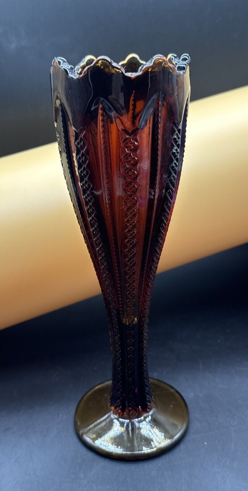 Vintage 10inch Indiana Glass Bourbon Amber  Tiara Glass Ribbon or Zipper Vase