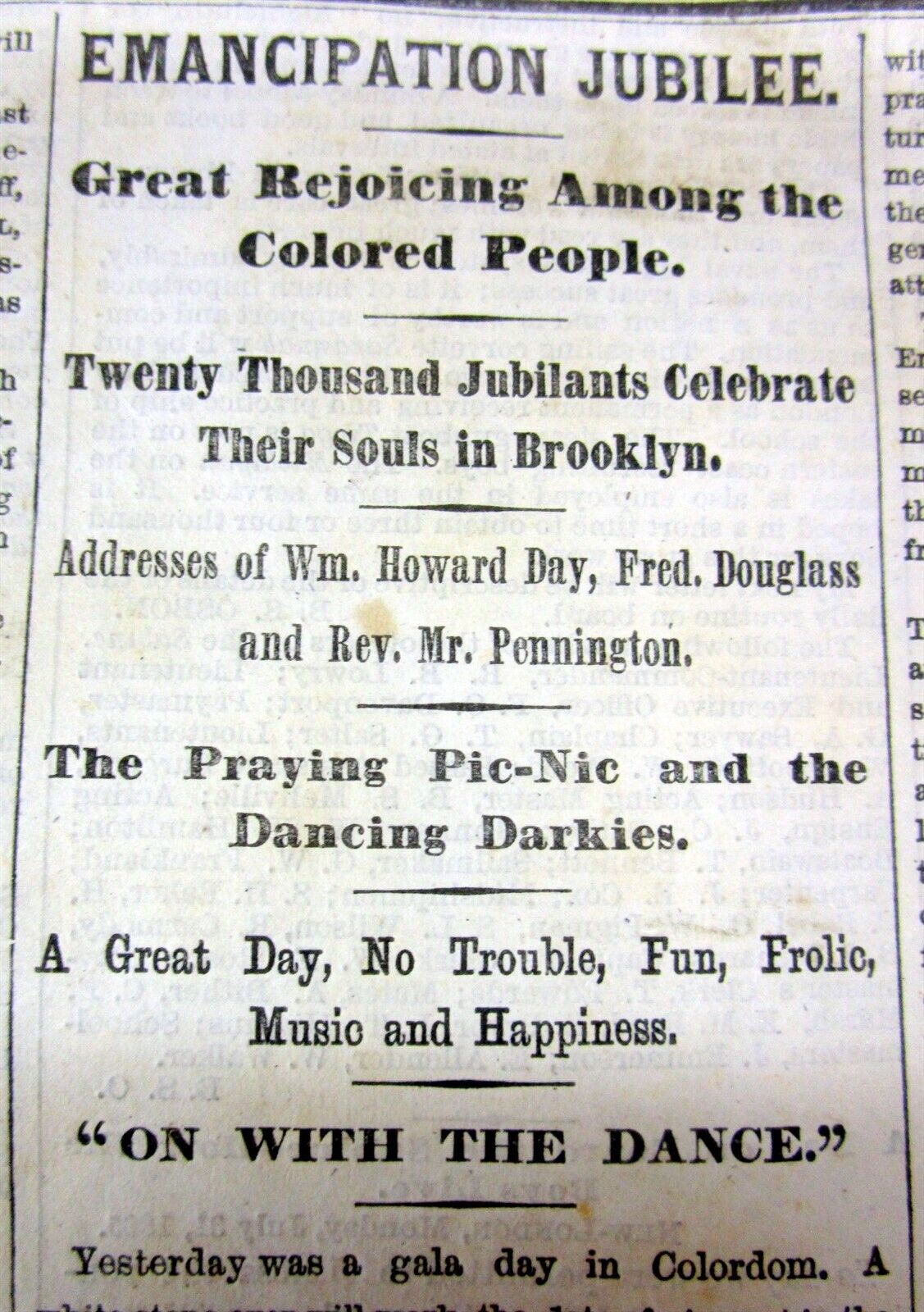 1865 NY Times Civil War newspaper FREED SLAVES CELEBRATE EMANCIPATION Juneteenth