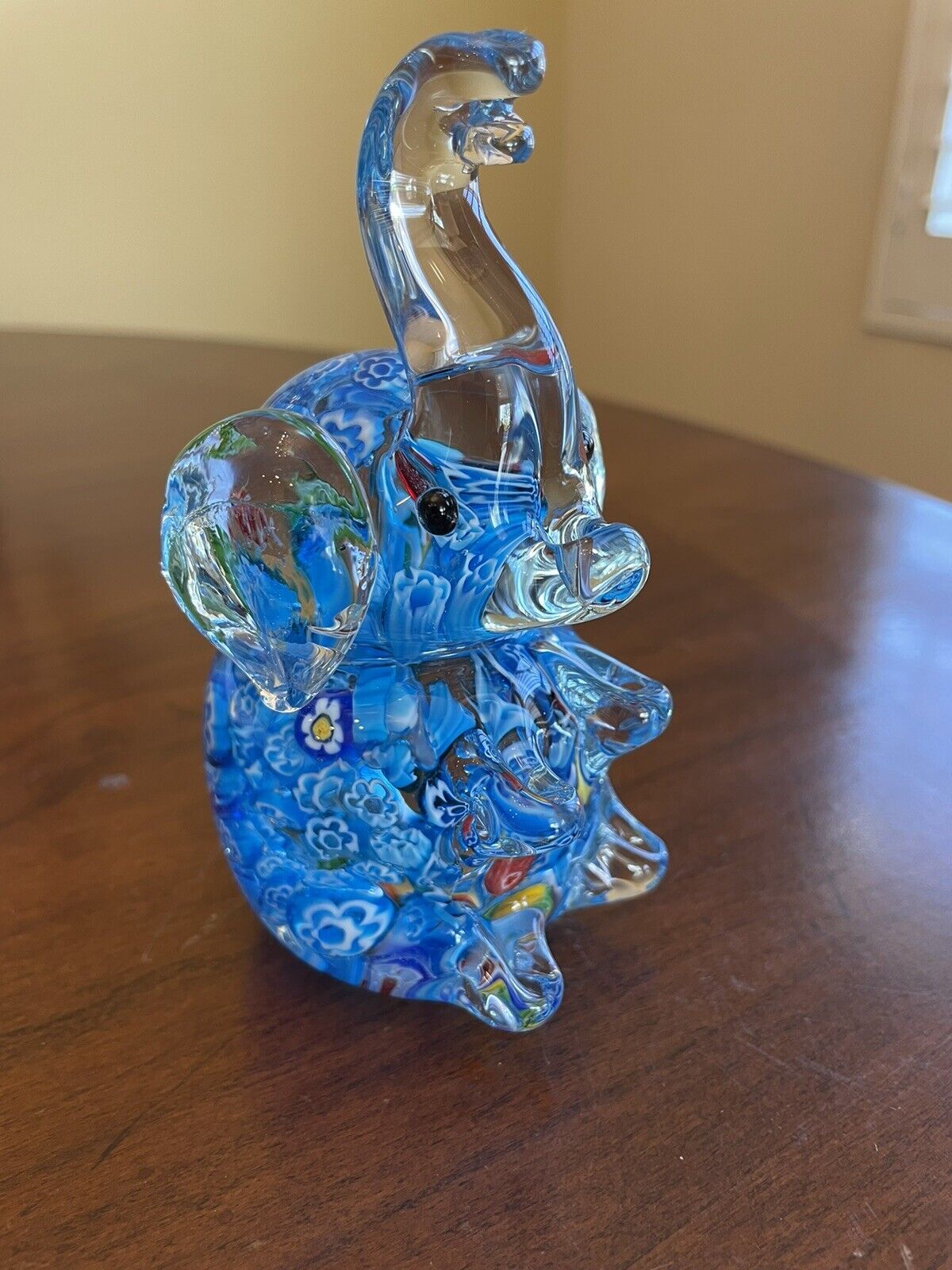 Hand Blown Art Glass Elephant Figurine Paperweight Lucky Raised Trunk Millefiori