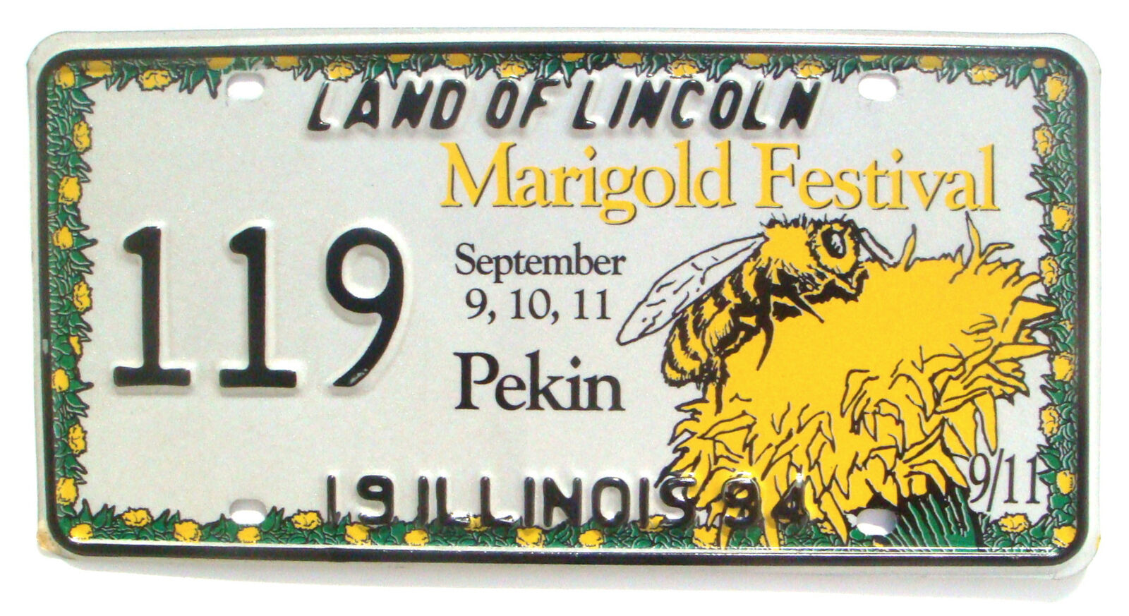 Vtg Marigold License Plate Special Event Marigold Festival Flower Pekin IL 1994