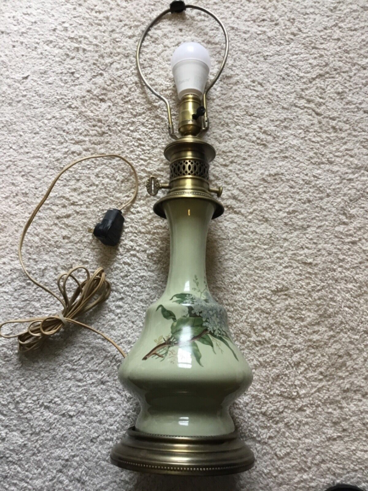 Vintage Leviton Ceramic Oil / Electric Lamp Green Flowers 27 Inches Works