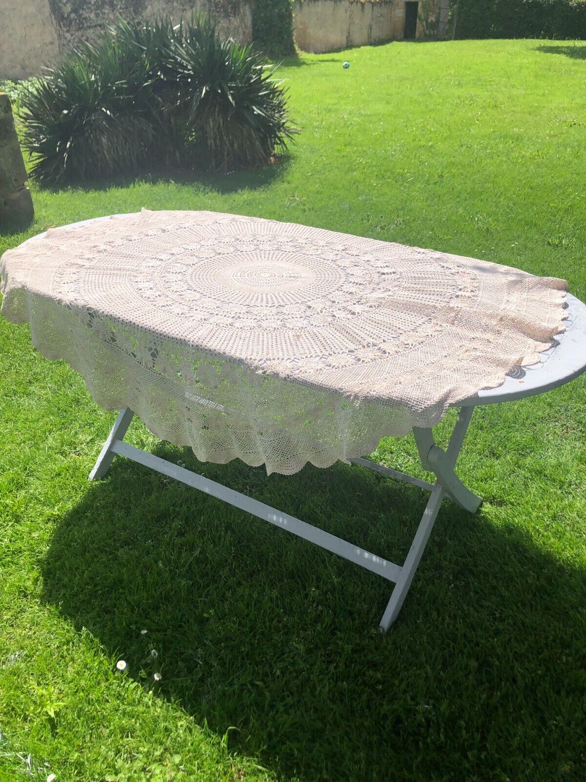 Antique French Large Cream Hand Crochet Lace Cotton Round Tablecloth c1900 5 ft