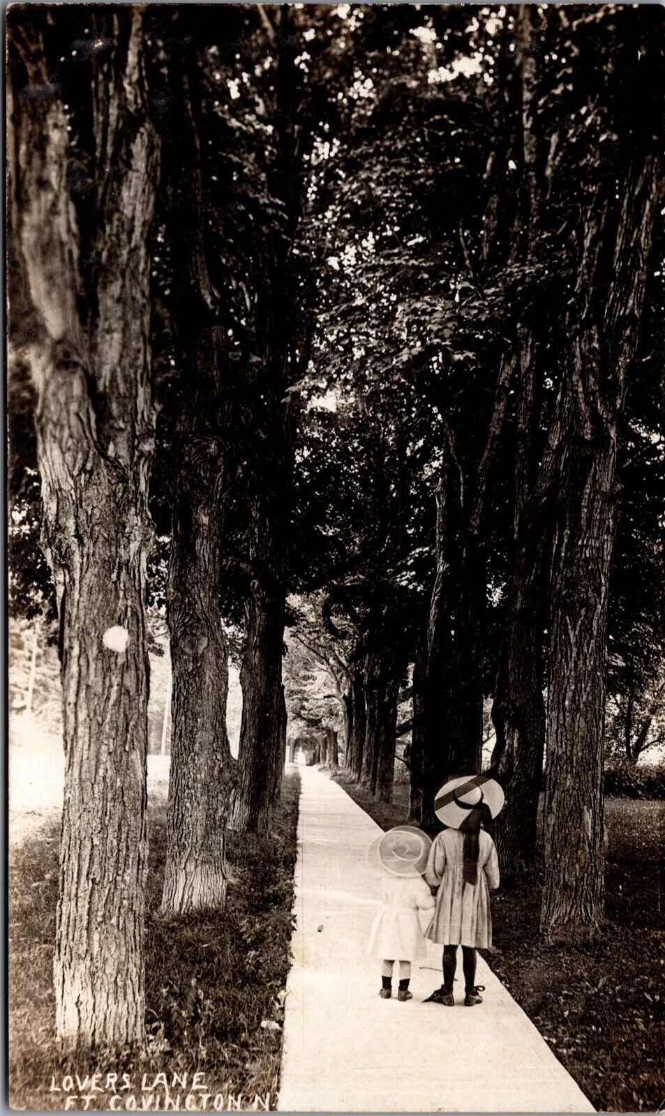 Real Photo Lovers Lane w/ Two Girls In Bonnets At Ft. Covington NY RP RPPC K376