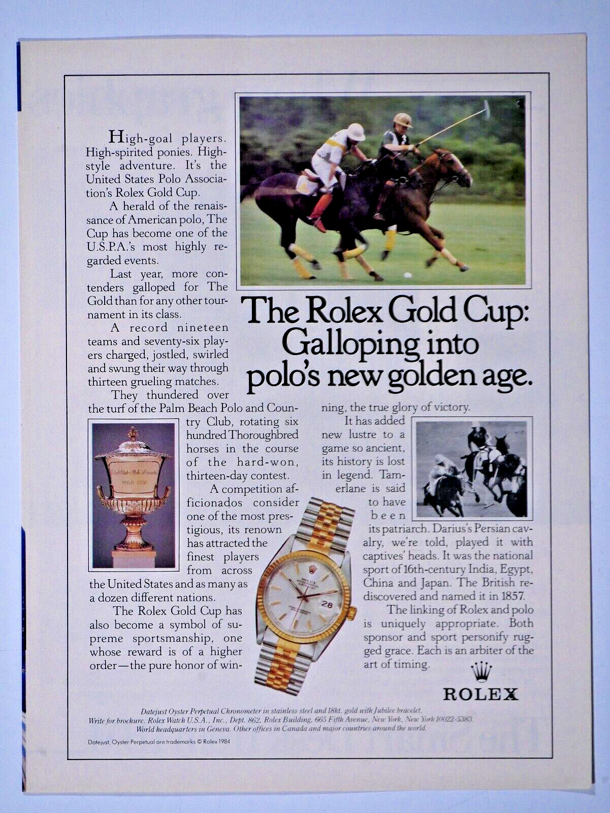 1989 Rolex Palm Beach Polo Club Gold Cup Original Print Ad 8.5 x 11