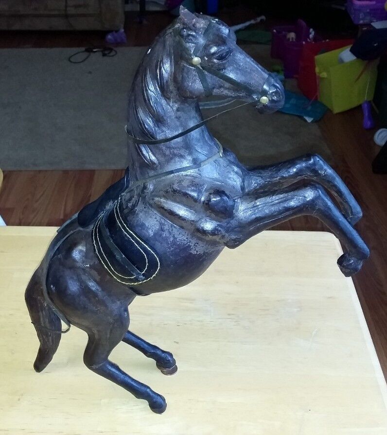 Vintage Leather Horse Glass Eyes Figurine Statue Large 16\