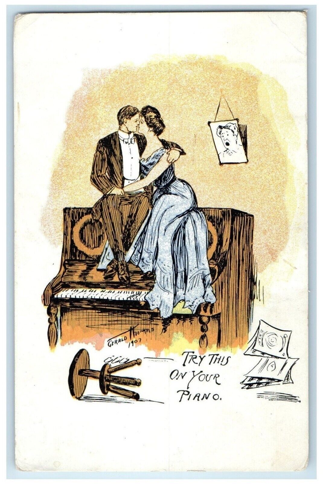 1907 Couple Kissing Romance On Top Of Piano Gerald Thomas Modesto CA Postcard