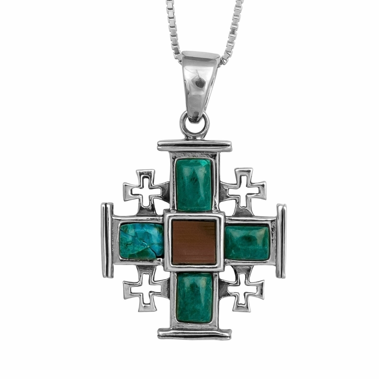 Nano Bible Jerusalem Cross Pendant Necklace Silver 925 with Eilat Stone Gift