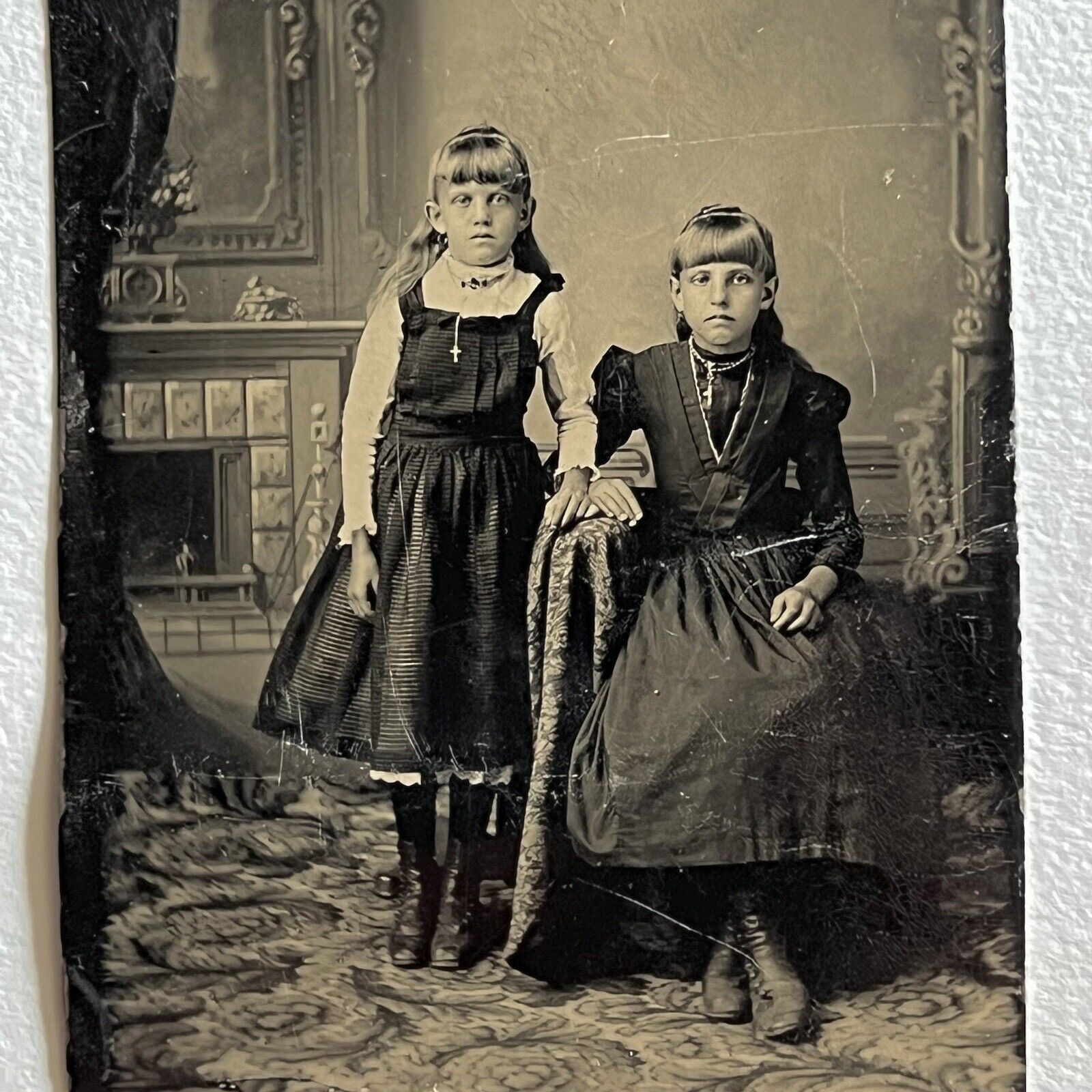 Antique Tintype Photograph Adorable Little Girls Children Cross Necklace