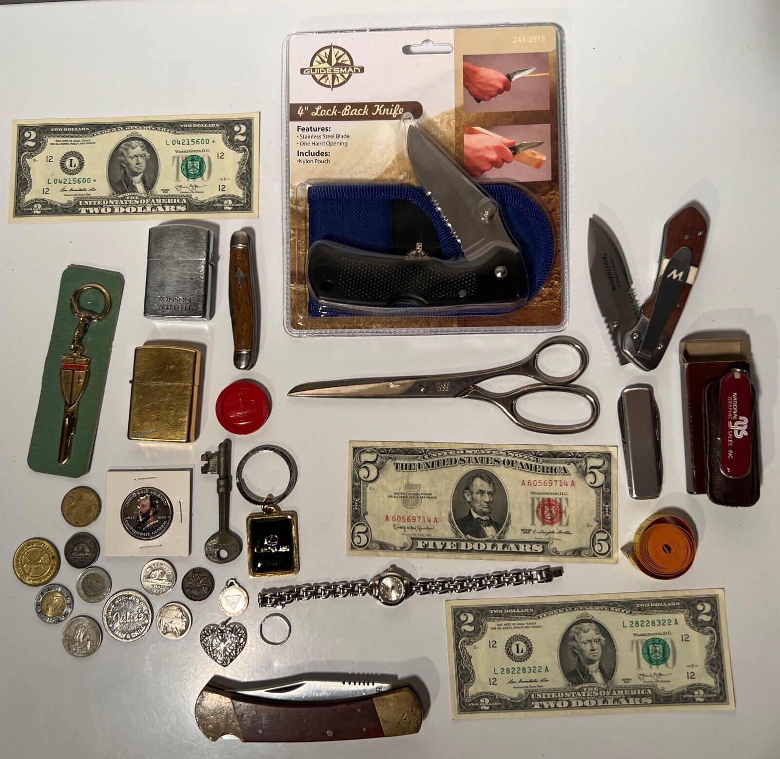 Vintage Junk Drawer Lot Of Rare Items, Lighters, Currency, Knives, Sterling