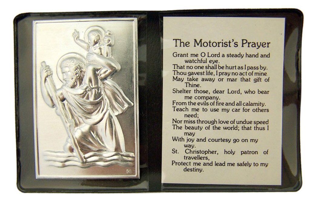 Metal Catholic Patron Saint Christopher Plaque with Prayer Black Vinyl Folder