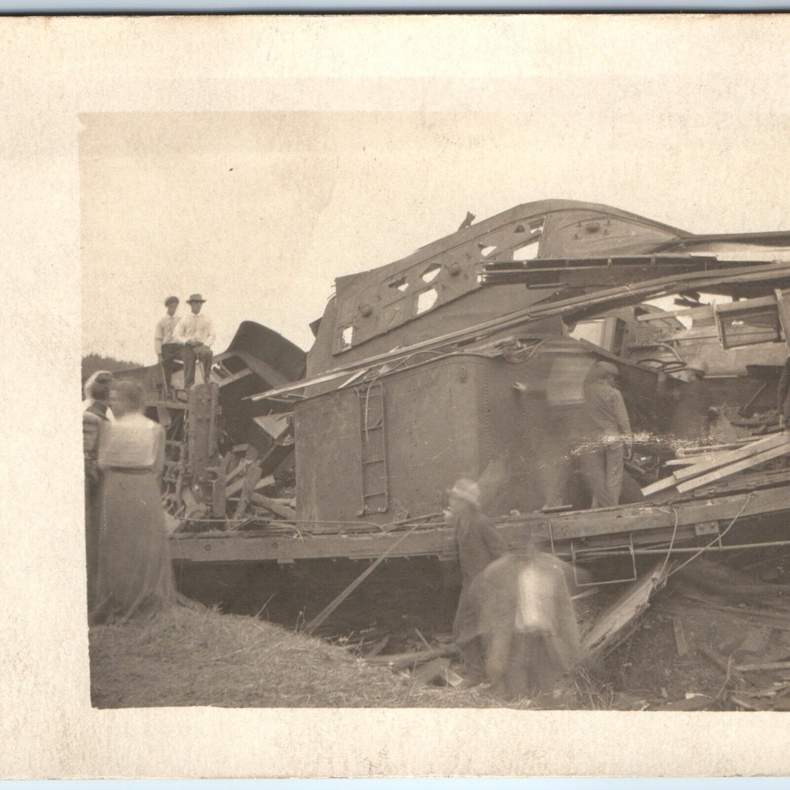 c1910s Unknown Random Train Wreck RPPC Railway Crash Ruins Motion Blur Men A167