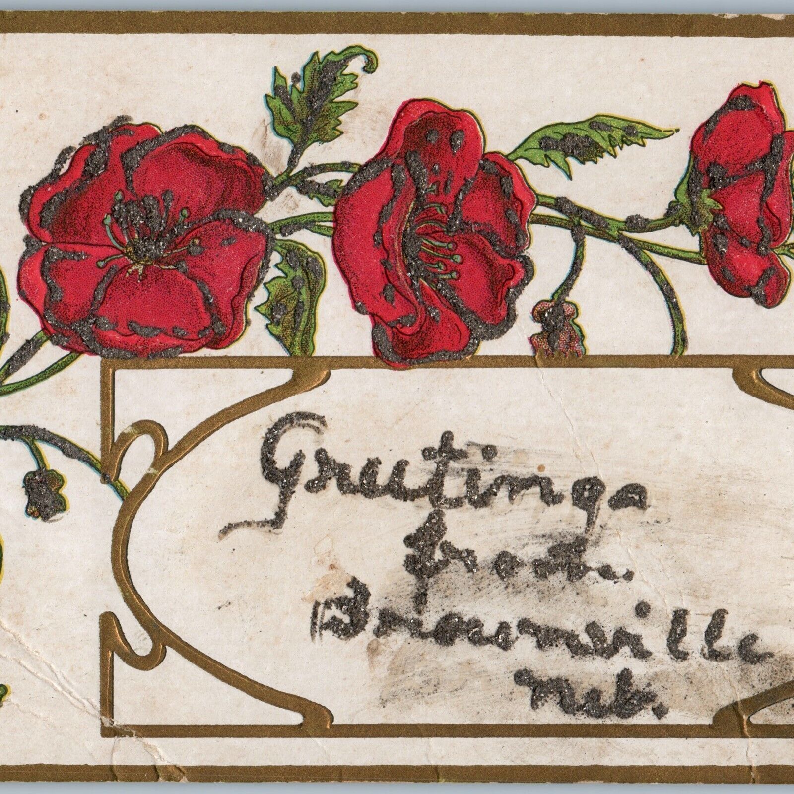 c1910s Brownville, Neb. Greetings Postcard Handmade Mica Glitter Welcome A175