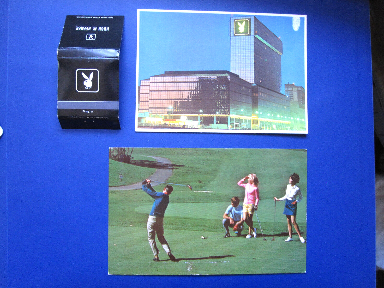 vTg 1970 Playboy Hefner matchbook &2 postcard Atl City casino &Lake Geneva Golf