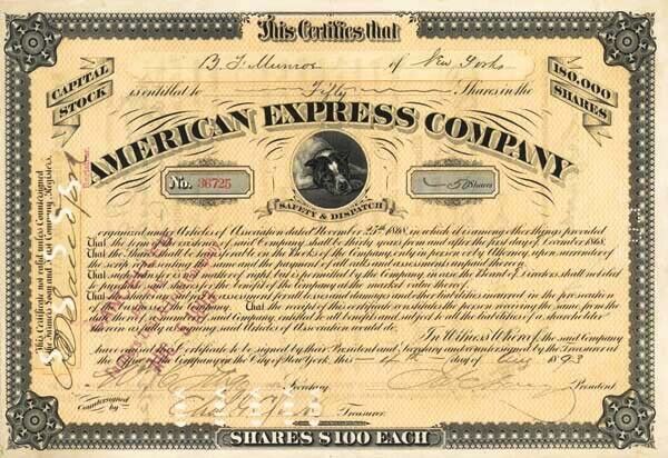 James C. Fargo and William C. Fargo - American Express Co - Unique - Stock Certi
