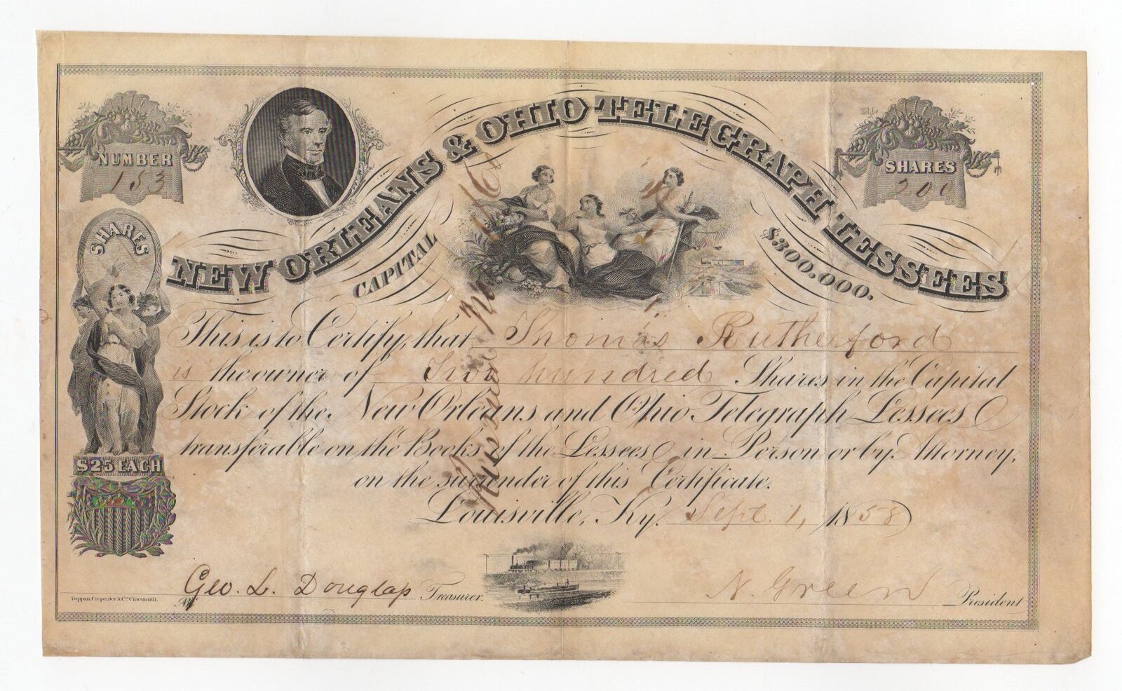 1858 New Orleans & Ohio Telegraph Lessees Stock Certificate - Norvin Green