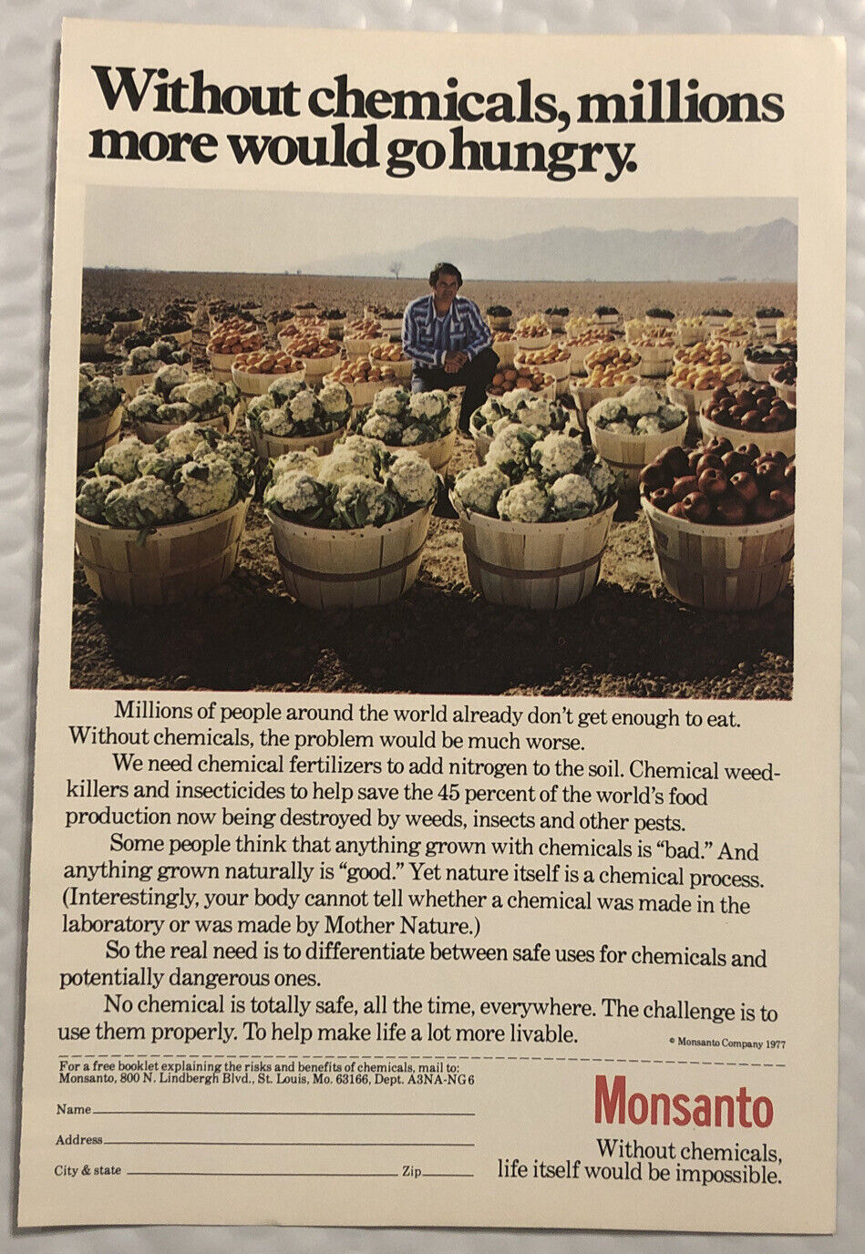 Vintage 1980 Monsanto Original Print Ad Full Page - More Would Go Hungry