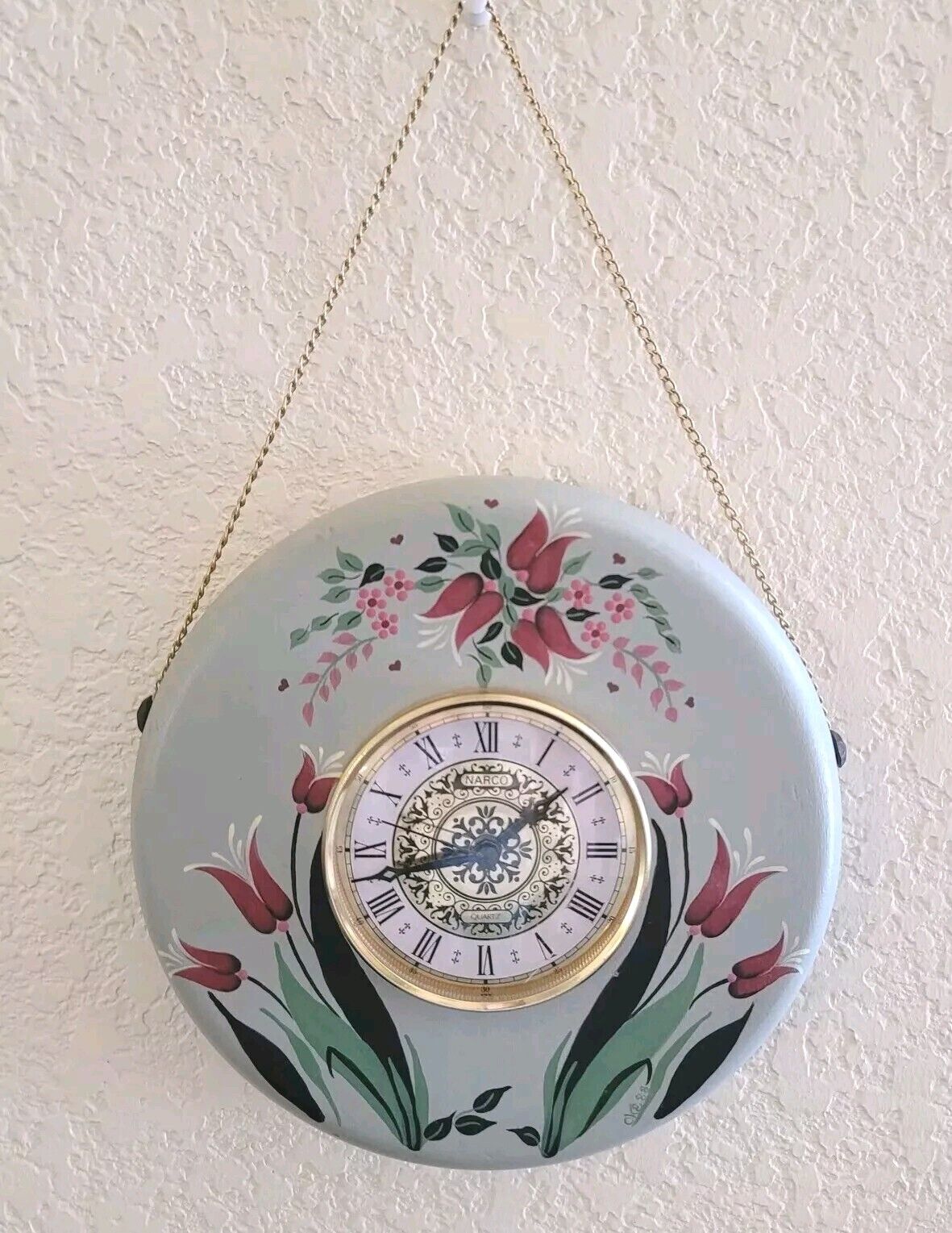 Vintage 1980s Narco Floral Handpainted Hanging Clock