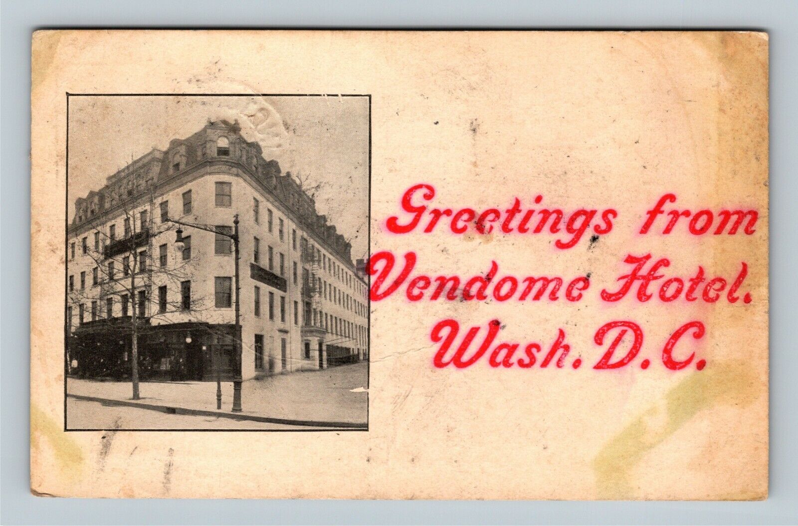 Greetings From Vendome Hotel, Washington DC c1907 Vintage Postcard