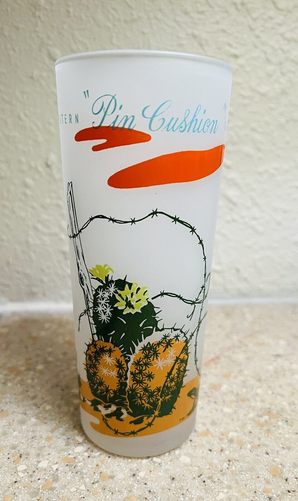 BLAKELY Oil WESTERN PIN CUSHION CACTUS Frosted DRINKING Glass RARE