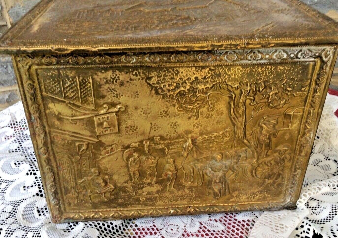 Antique  Kindling Wood Storage Box Ann Hathaway Brass Wood Hinged