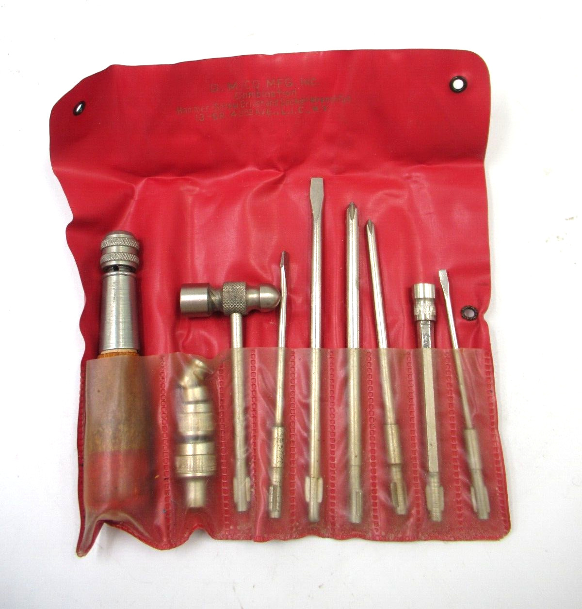 Vtg 12 Pc Tool Kit in pouch G.M. Co. Mfg. Hammer Screwdriver Socket Wrench Set