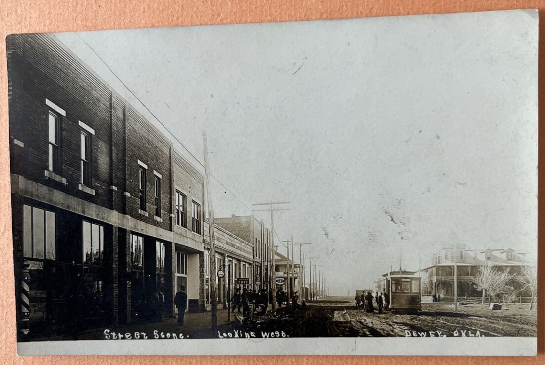 Rare RPPC Dewey OK 1912, Street Scene, Looking West - Street Car/Store Fronts.
