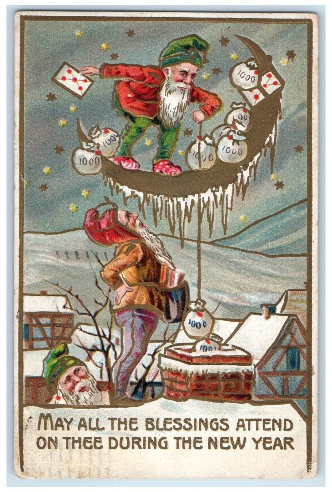 1908 New Year Elf Gnome Crescent Escaped Sacks Of Coins Embossed Posted Postcard