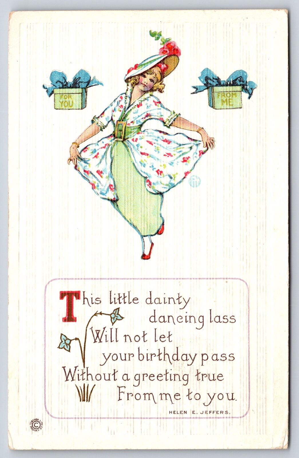 Birthday Greeting~Girl Dancing~Helen Jeffers Poem~Stecher 421C PM c1912 Postcard
