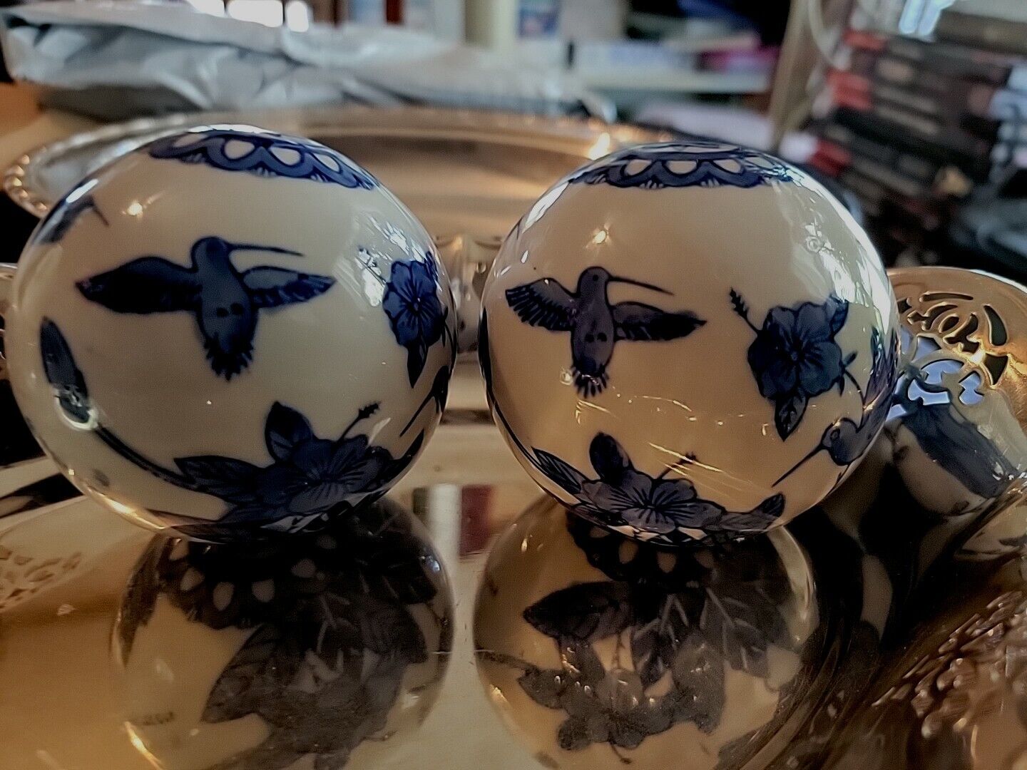 Vintage Porcelain 2 Ball Spheres Porcelain Cobalt Blue  Hummingbirds  & Flowers