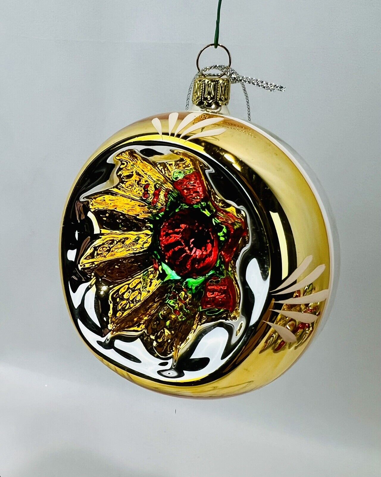 Vintage Big Gold Holiday Reflector Indent Glass Christmas Ornament West Germany