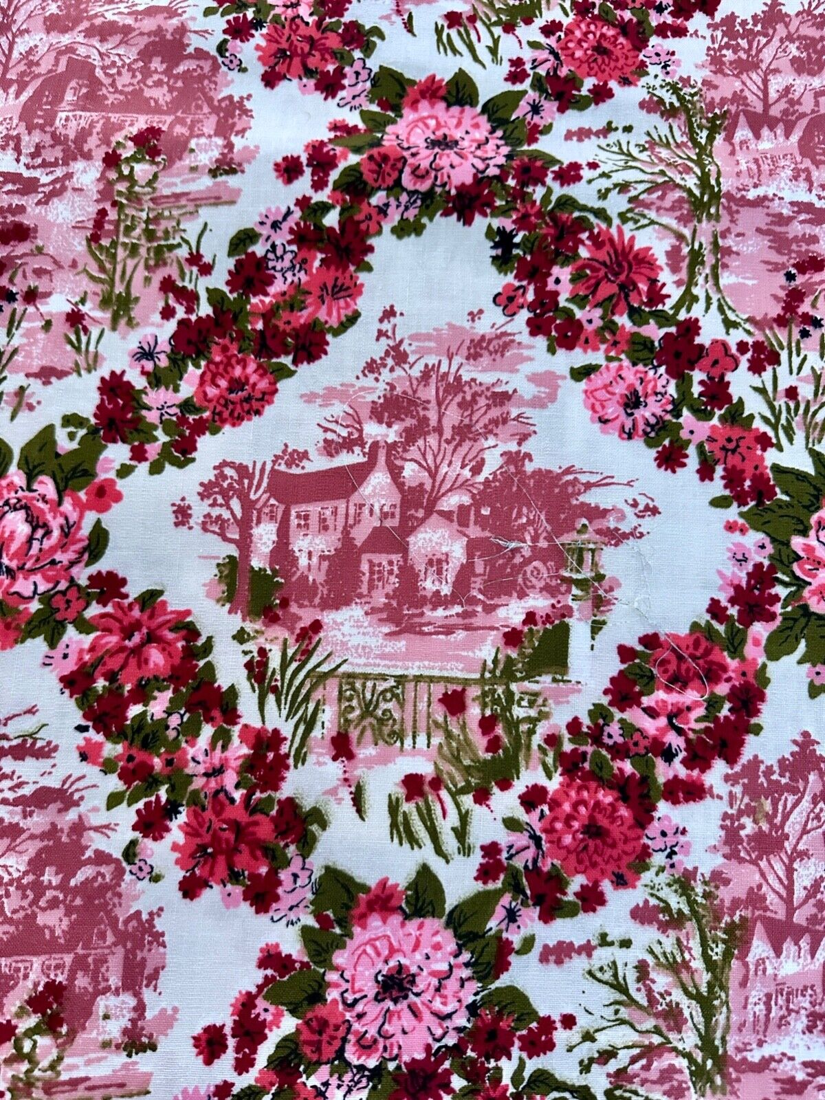 1950\'s Pinky PINK Paris Apartment Shabby Chic Toile Barkcloth Era Vintage Fabric