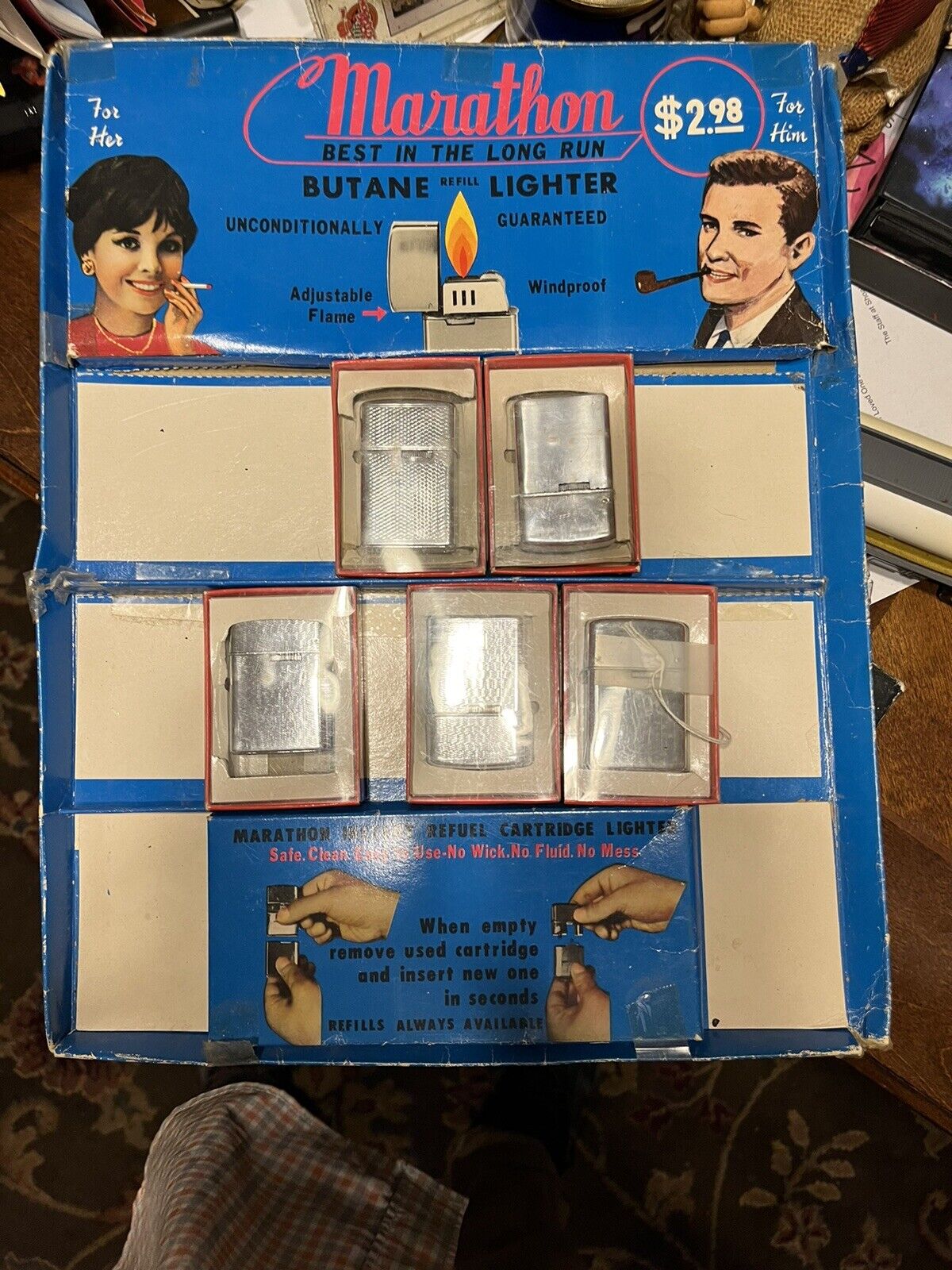 Vintage Lighter Display Cardboard Stand With 5 Unused Marathon