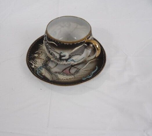 Vintage Moriage Dragonware Demitasse Cup & Saucer w/Lithophane Geisha Japan