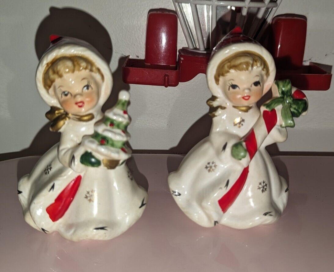 Vintage Napco Snowflake Christmas Girls Holding Candy Cane & Tree LOOK