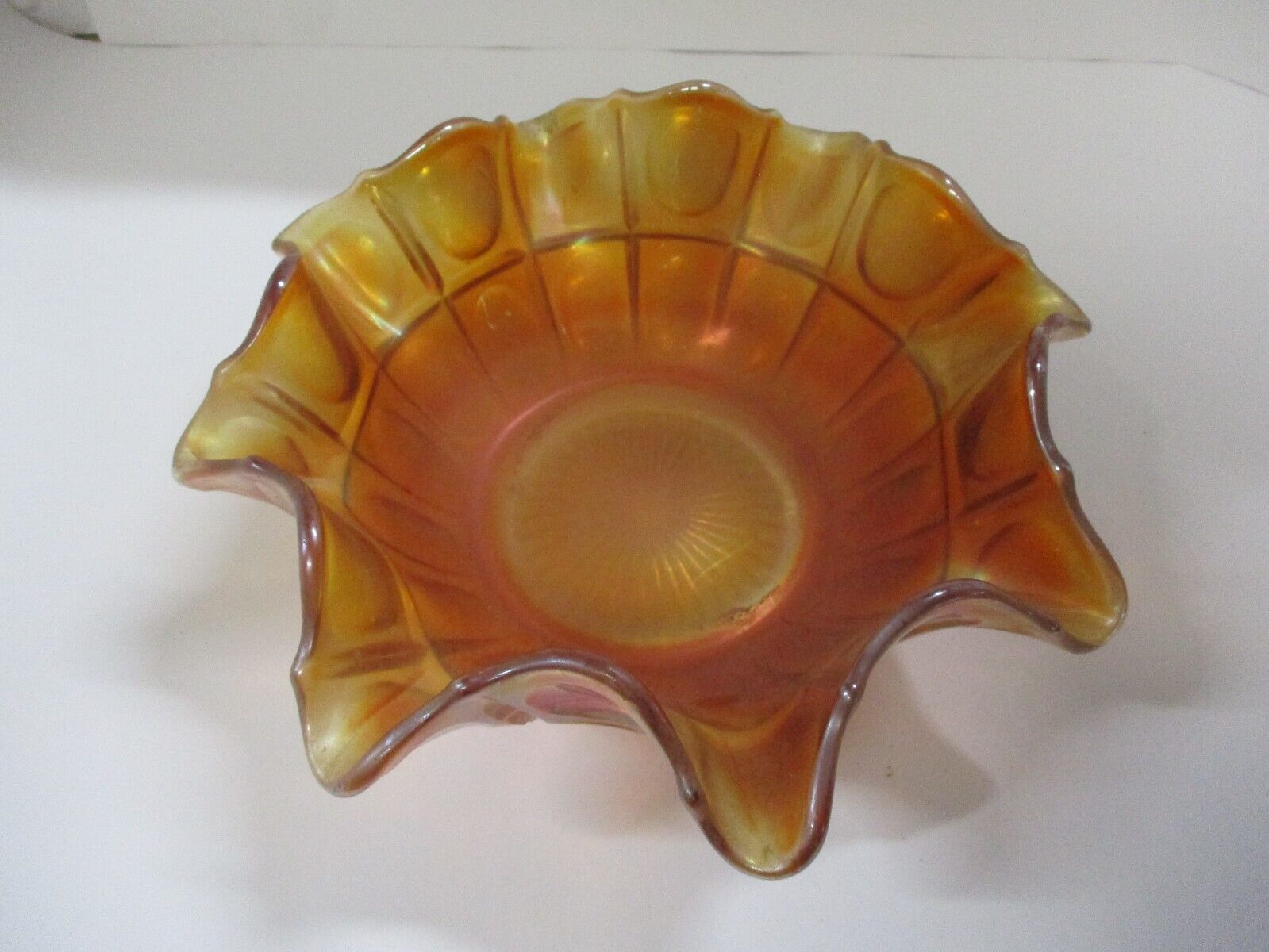 Vintage Marigold Iridescent Carnival Glass Thumbprint Patterned Bowl