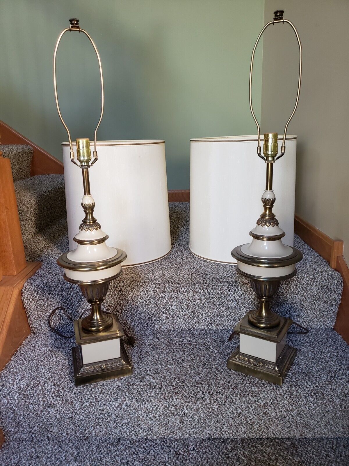  STIFFEL Table Lamps(2)w/Original Shades Brass/Ceramic 32\