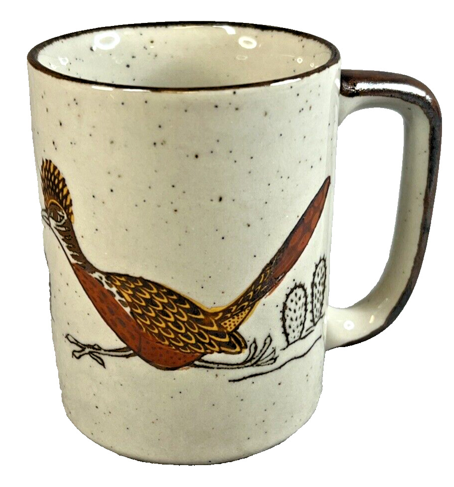 Vintage Otagiri Roadrunner Bird Mug Cup Speckled Stoneware Cactus Desert MCM