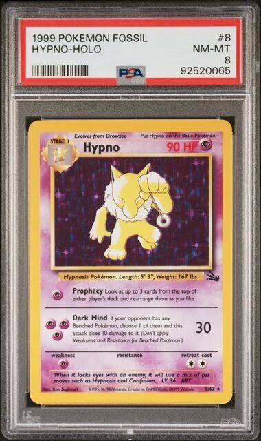 Pokemon 1999 Fossil 8 Hypno Holo PSA 8 Unlimited NM-MT