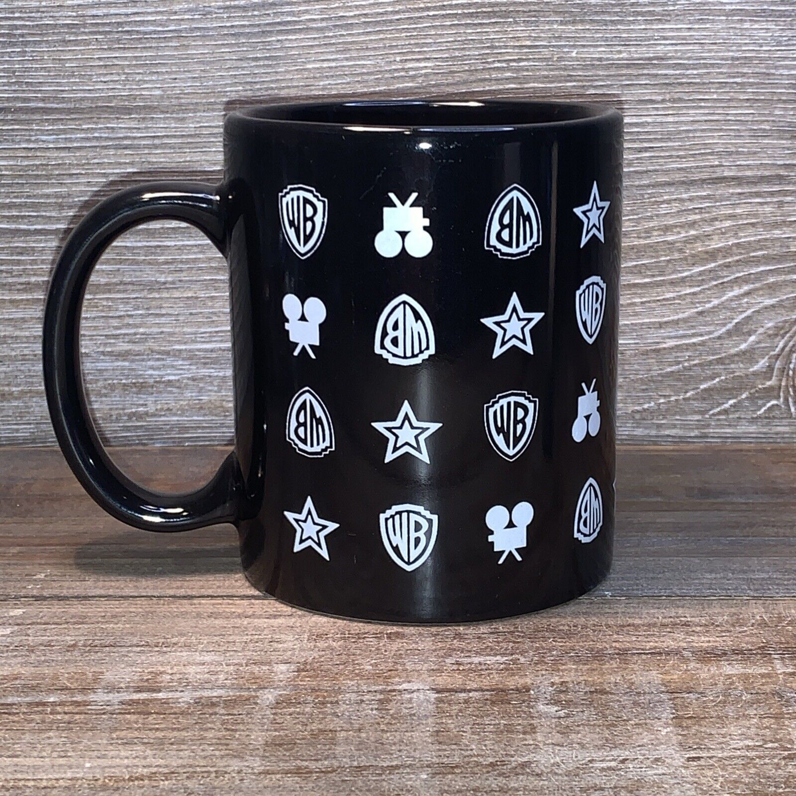 1996 Warner Bros. Black Logo Glass Coffee Mug Cup for Warner Bros Studio (Store)
