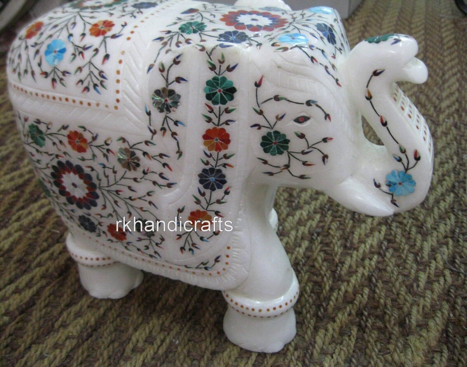 10 Inches Marble Table Master Piece Semi Precious Stone Inlaid Elephant Statue