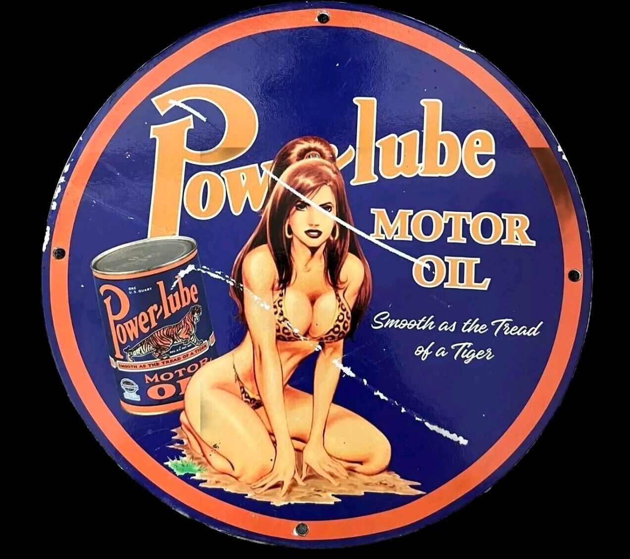 RARE POWERLUBE MOTOR OIL PINUP GIRL BIKINI GAS OIL SERVICE GARAGE AD SIGN 