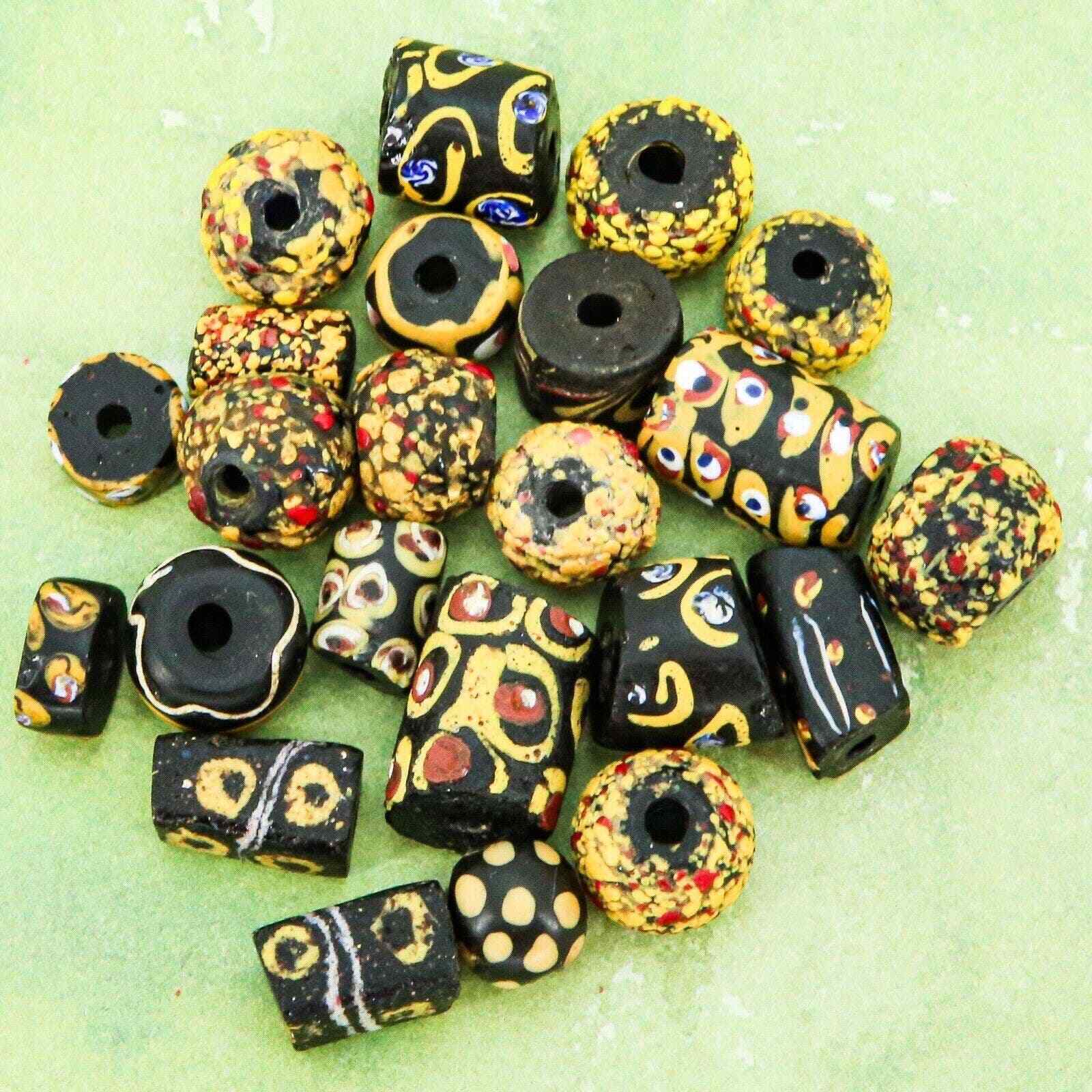 Lot 23 Antique Venetian African Trade Beads Black Yellow Feathers Evil Eye Crumb