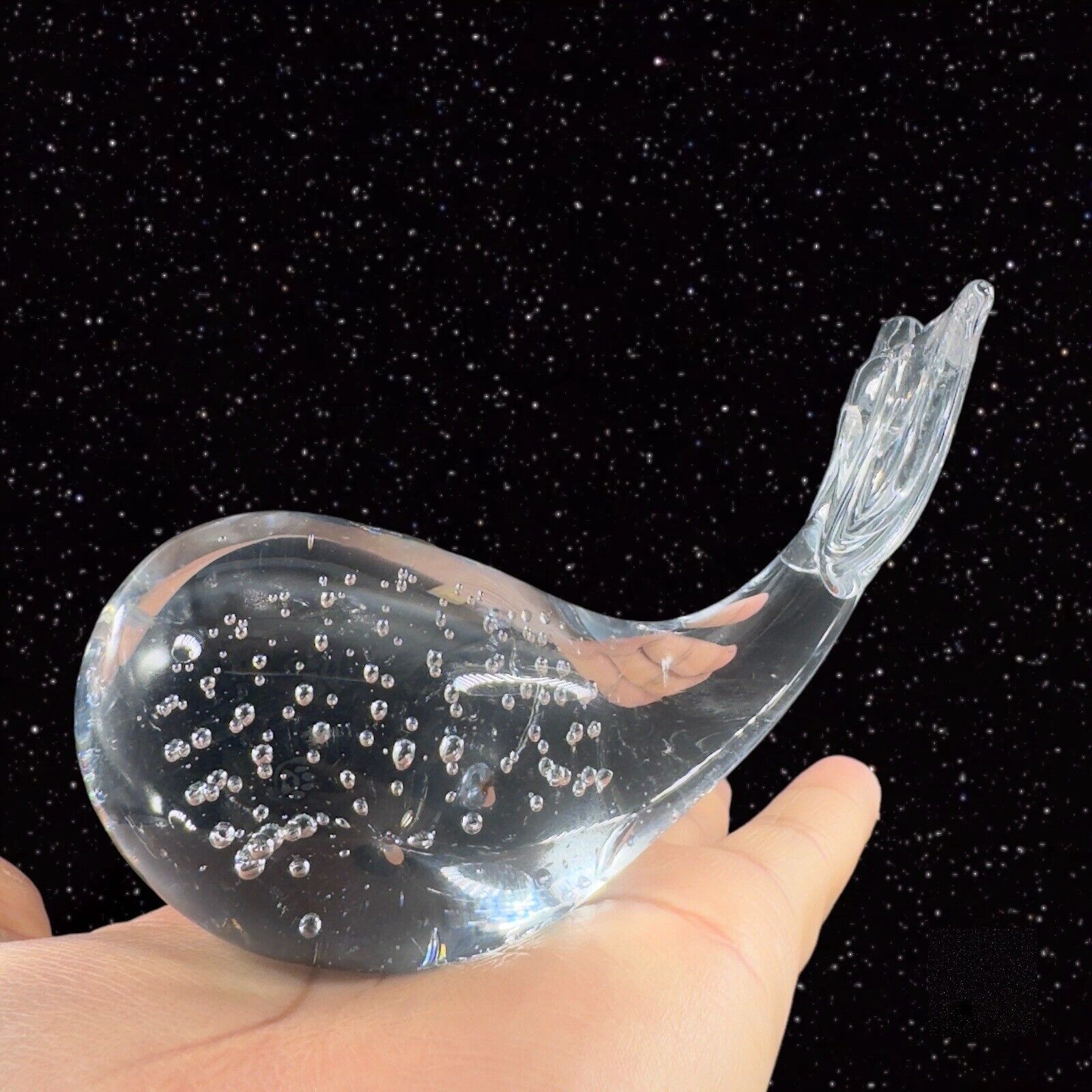 1980s Clear Art Glass Whale Fish Figurine With Small Bubbles Bullicante Glass