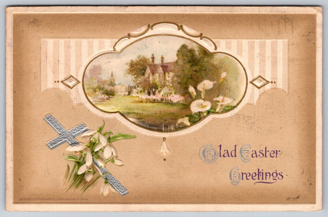 Easter Embossed Glad Easter Greetings Cottage Home Scene Postcard Stamped